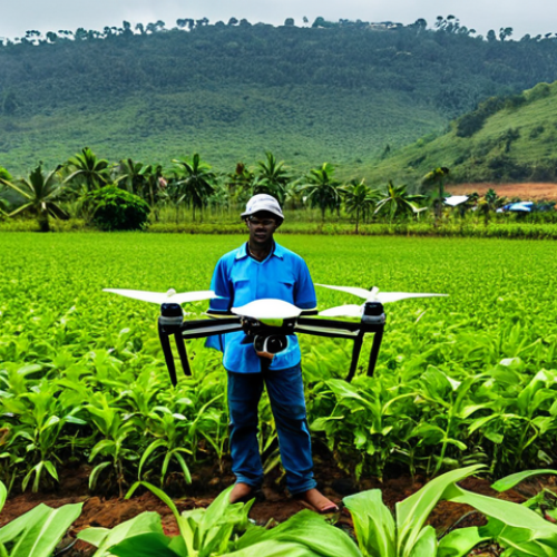 Home 11 Modern Farming in Sierra Leone**
"A Sierra Leonean farmer, fully clothed in modest work attire, using a drone to monitor crops on a lush, green farm in Sierra Leone. Background shows modern irrigation systems and well-maintained fields. Perfect anatomy, correct proportions, natural pose. Safe for work, appropriate content, professional farming, family-friendly, high quality."
**
