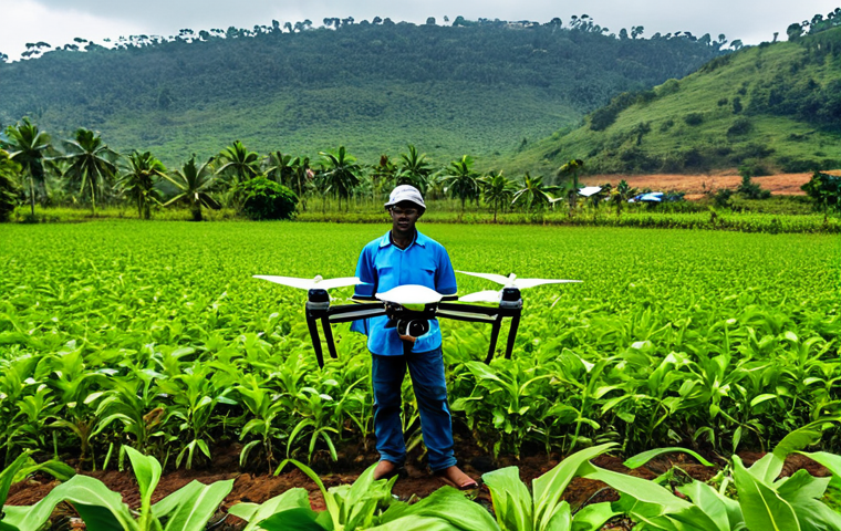 Modern Farming in Sierra Leone**
"A Sierra Leonean farmer, fully clothed in modest work attire, using a drone to monitor crops on a lush, green farm in Sierra Leone. Background shows modern irrigation systems and well-maintained fields. Perfect anatomy, correct proportions, natural pose. Safe for work, appropriate content, professional farming, family-friendly, high quality."
**
