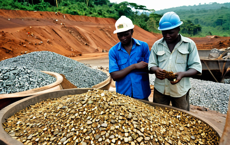 Mining in Sierra Leone**
"A professional photograph showcasing a bustling diamond mining operation in Sierra Leone. Focus on the equipment and workers, all fully clothed in appropriate attire for the environment. Background features the landscape of Sierra Leone. Emphasize ethical and sustainable mining practices. Safe for work, appropriate content, professional, perfect anatomy, natural proportions, well-formed hands, proper finger count, modest clothing, family-friendly."
**
